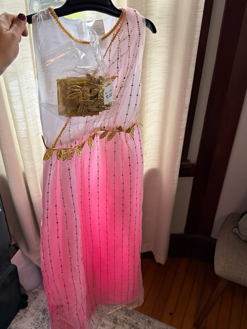 Girls Pink Godess costume with Gold Leaf Trim